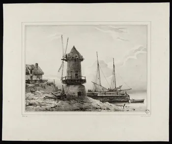 Mozin Charles Louis ; Langlumé J. estampe Moulin à vent au bord de l'eau 1862 1949.31.241 Photo