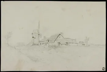 Loncle Emile dessin Moulin à vent et ferme, Louviers (Eure) 1949 1949.31.28  Photo