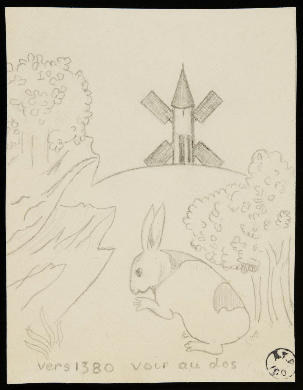 Franck J. Ch. dessin Silhouette lointaine de moulin à vent, copie d'enluminure médiévale 1942 1949.31.67 Photo