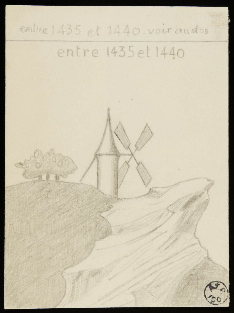 Franck J. Ch. dessin Silhouette lointaine de moulin à vent, copie d'enluminure médiévale 1949 1949.31.74 Photo