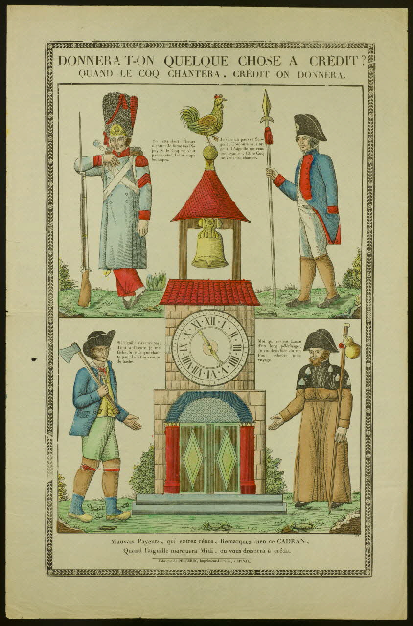 François Georgin ; Pellerin estampe (à registres : 2) DONNERA T-ON QUELQUE CHOSE A CREDIT ?  QUAND LE COQ CHANTERA.CREDIT ON DONNERA. Lorraine, France 1837-1840 1950.21.445 Photo