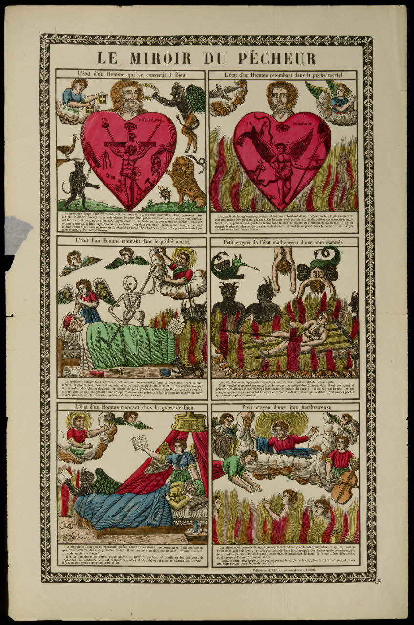 François Georgin ; Pellerin estampe (à compartiments : 2x3) LE MIROIR DU PÊCHEUR Lorraine, France 1837 1950.21.581 Photo Mucem