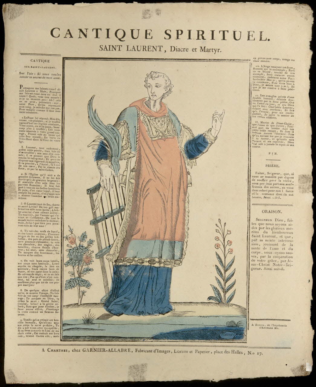 estampe CANTIQUE SPIRITUEL.  SAINT LAURENT, Diacre et Martyr. 1950.22.3 Photo