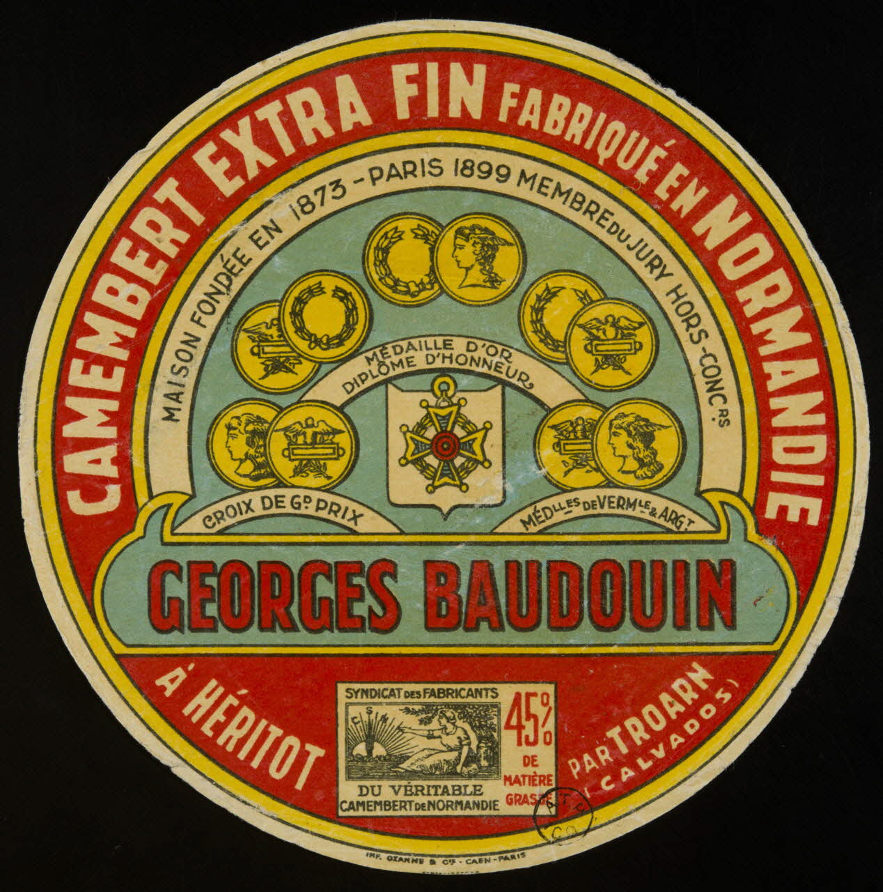 estampe CAMEMBERT EXTRA FIN FABRIQUE EN NORMANDIE  GEORGES BAUDOUIN  A HERITOT  PAR TROARN  (CALVADOS) 1950.36.10 Photo