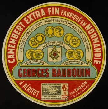 estampe CAMEMBERT EXTRA FIN FABRIQUE EN NORMANDIE  GEORGES BAUDOUIN  A HERITOT  PAR TROARN  (CALVADOS) 1950.36.10  Photo