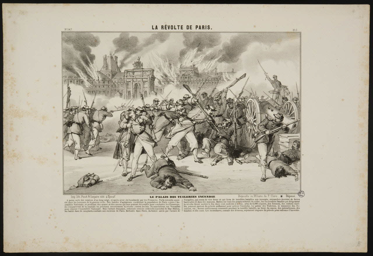 estampe LA REVOLTE DE PARIS.  LE PALAIS DES TUILERIES INCENDIE 1950.39.1025 Photo