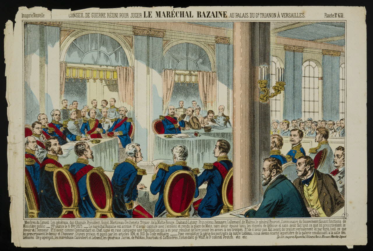 estampe CONSEIL DE GUERRE RÉUNI POUR JUGER LE MARÉCHAL BAZAINE AU PALAIS DU Gd. TRIANON À VERSAILLES. 1950.39.1050 Photo