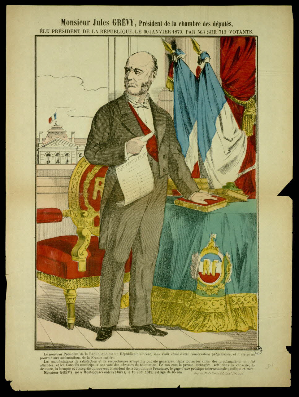 Pellerin estampe Monsieur Jules GREVY, Président de la chambre des députés,  ELU PRESIDENT DE LA REPUBLIQUE, LE 30 JANVIER 1879, PAR 563 SUR 713 VOTANTS. Lorraine, France 1879 1950.39.1135 Photo