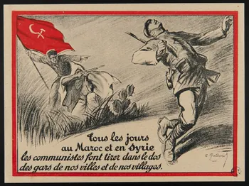 Galland André estampe Tous les jours au Maroc et en Syrie  les communistes font tirer dans le dos  des gars de nos villes et de nos villages. France 1928 1950.39.1315 Photo