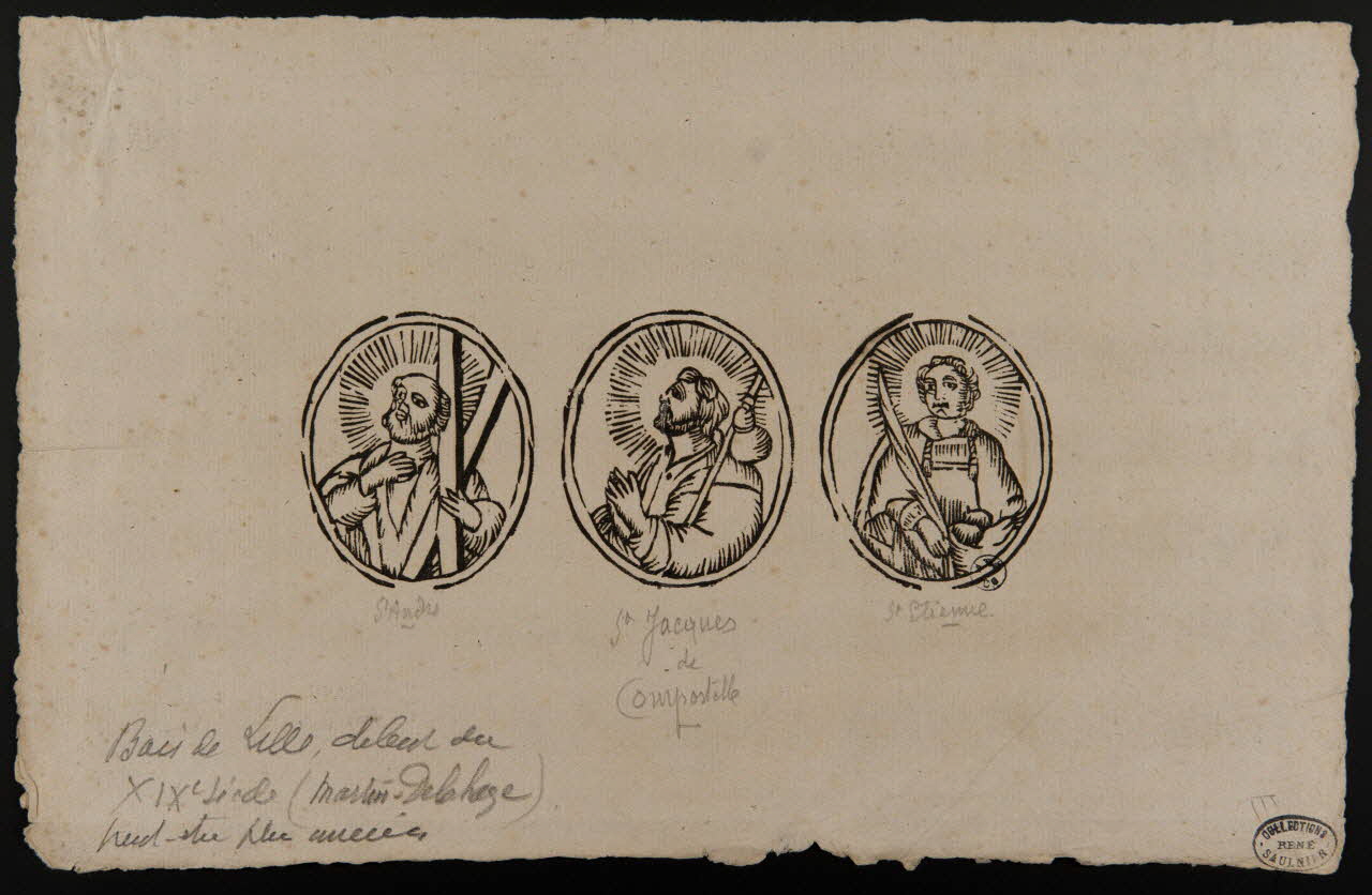 imagerie ancienne Planche de saintetés (Saint André, Saint Jacques de Compostelle et Saint Etienne) 1950.39.172 Photo