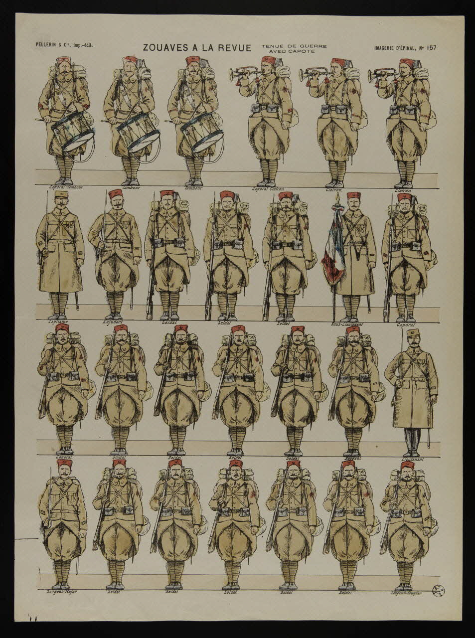 estampe ZOUAVES A LA REVUE  TENUE DE GUERRE  AVEC CAPOTE 1950.39.1818 Photo