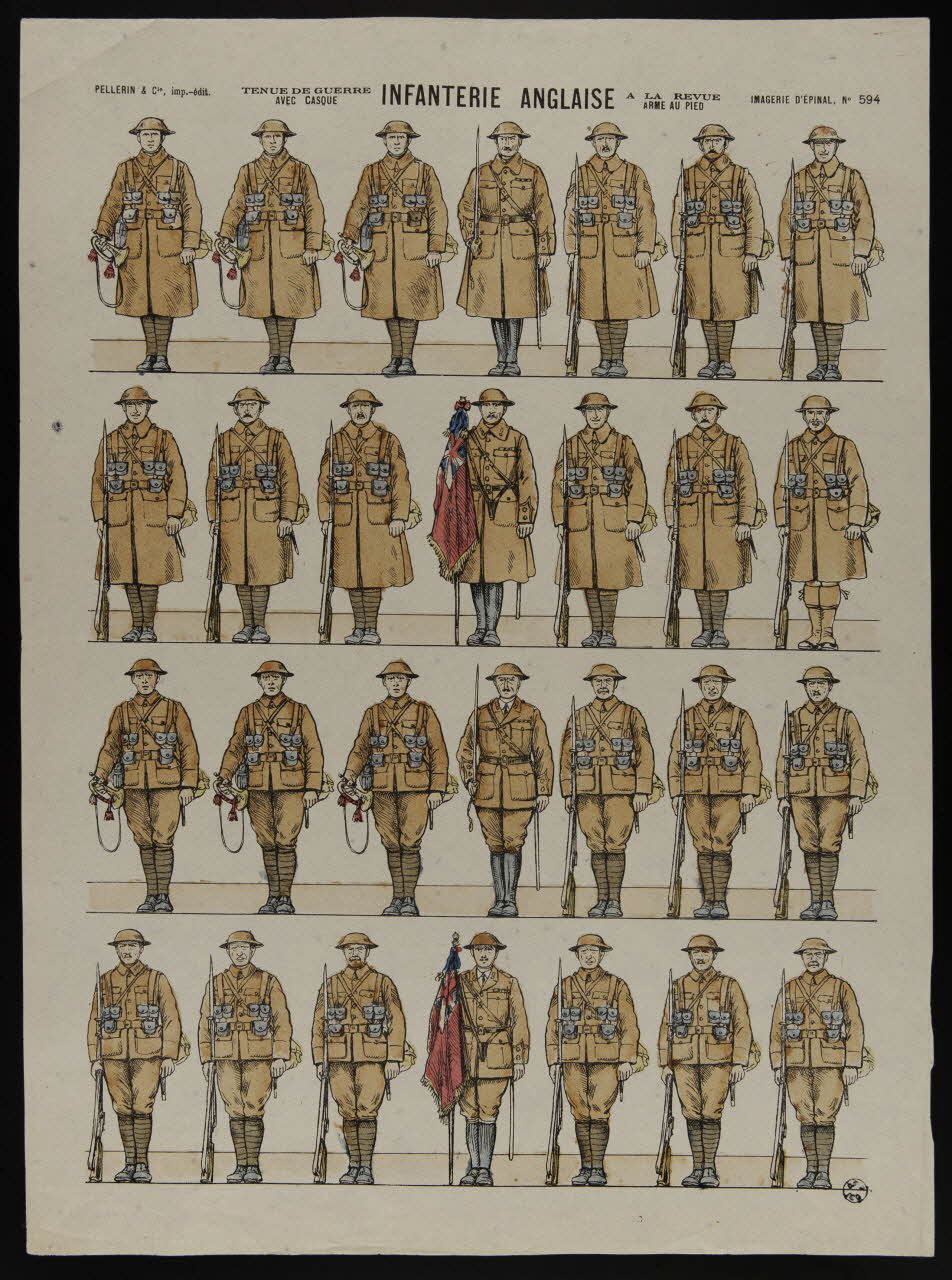 estampe INFANTERIE ANGLAISE  A LA REVUE  ARME AU PIED  TENUE DE GUERRE  AVEC CASQUE 1950.39.1841 Photo