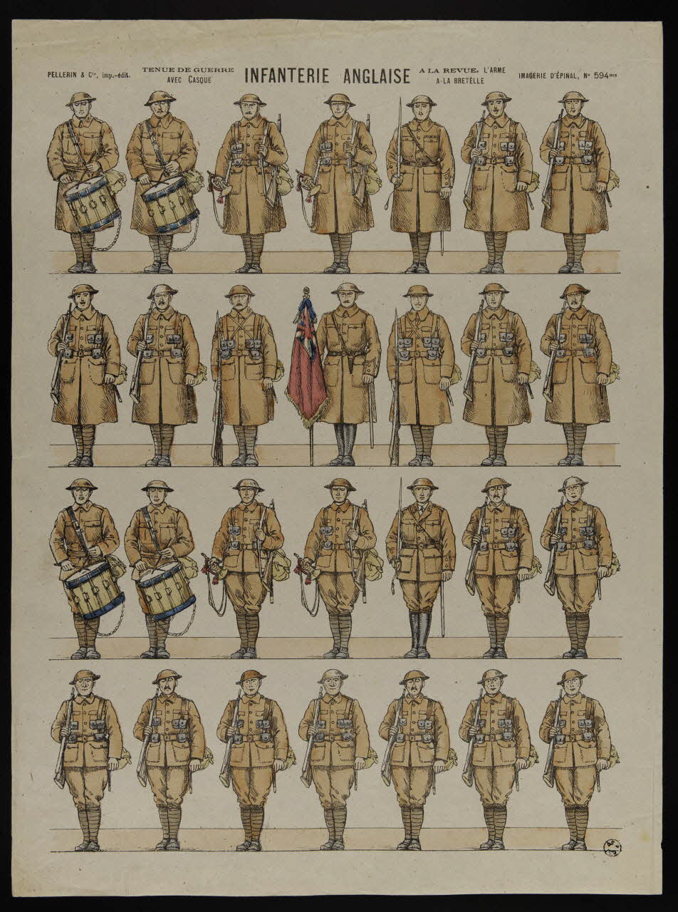 estampe INFANTERIE ANGLAISE  A LA REVUE, L'ARME  A LA BRETELLE  TENUE DE GUERRE  AVEC CASQUE 1950.39.1842 Photo