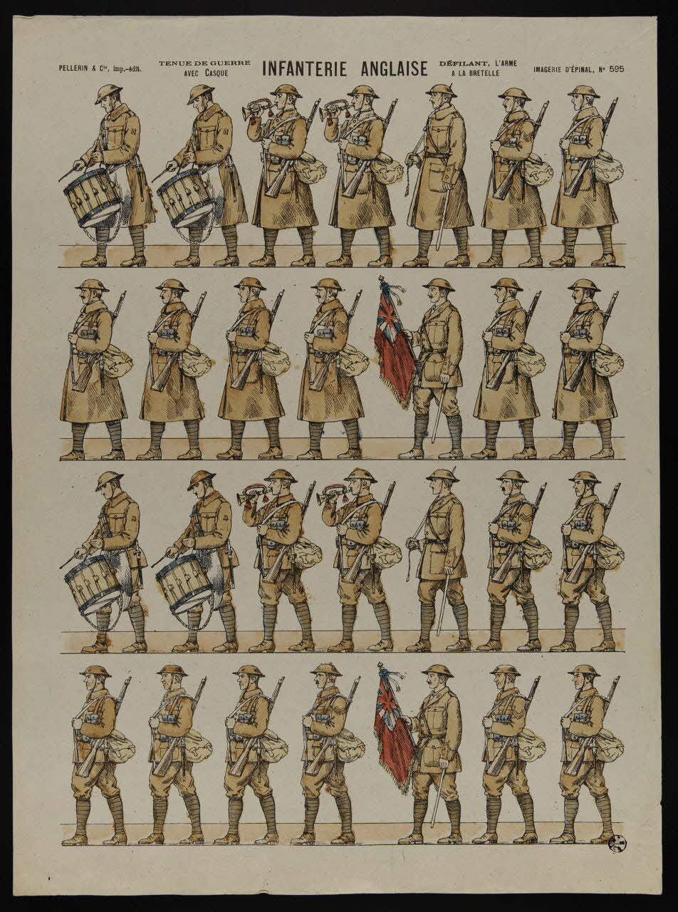 estampe INFANTERIE ANGLAISE  DEFILANT, L'ARME  A LA BRETELLE  TENUE DE GUERRE  AVEC CASQUE 1950.39.1843 Photo