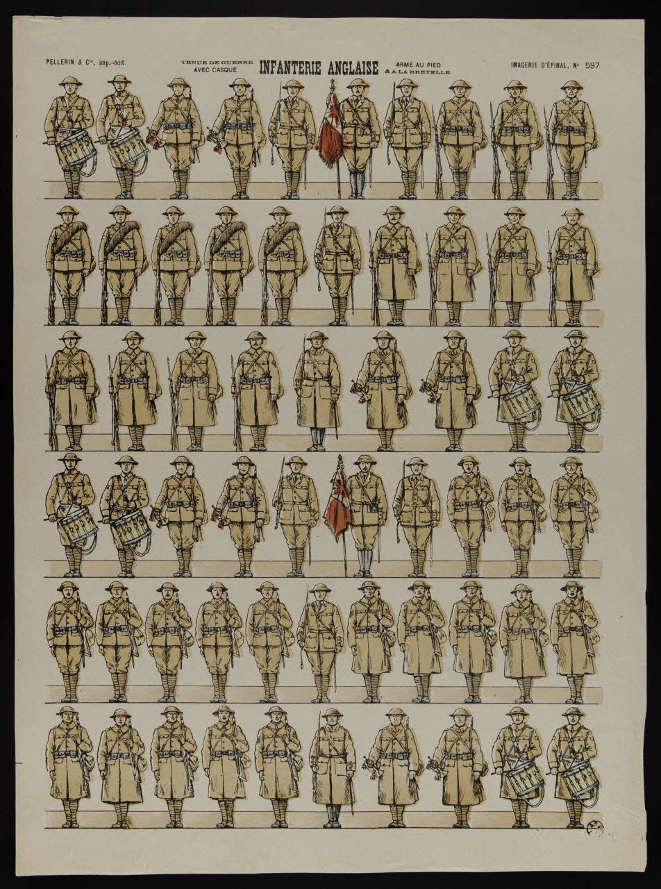 estampe INFANTERIE ANGLAISE  ARME AU PIED  & A LA BRETELLE  TENUE DE GUERRE  AVEC CASQUE 1950.39.1845 Photo