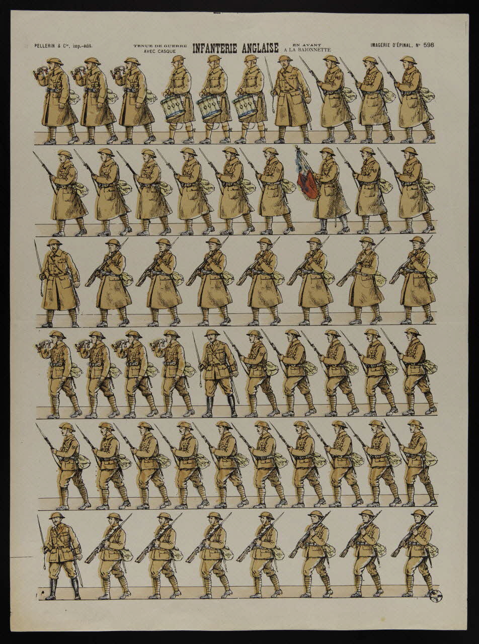 estampe INFANTERIE ANGLAISE  EN AVANT  A LA BAIONNETTE  TENUE DE GUERRE  AVEC CASQUE 1950.39.1847 Photo