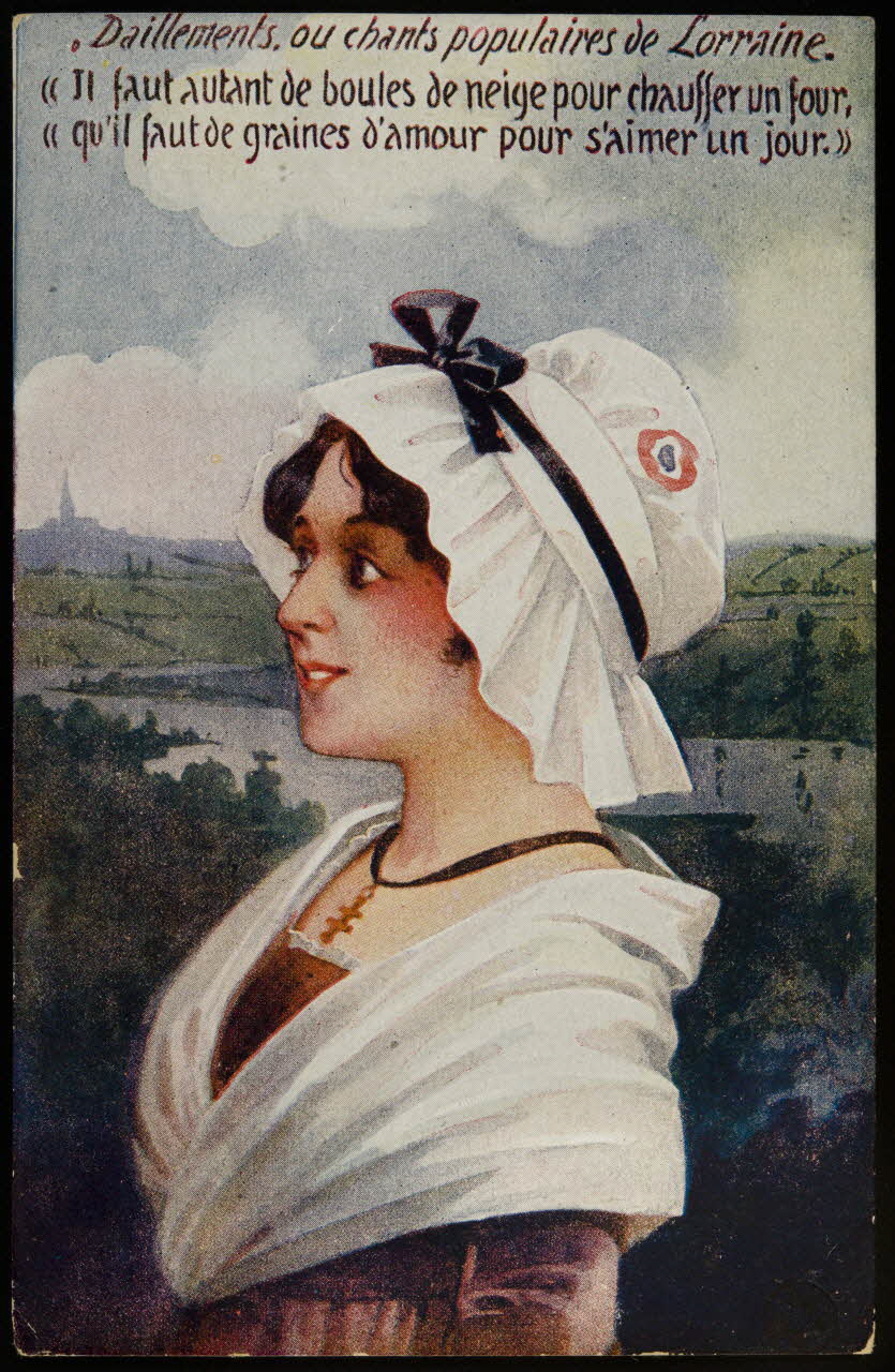 estampe Daillements, ou chants populaires de Lorraine.  "Il faut autant de boules de neige pour chauffer un four,  "qu'il faut de graines d'amour pour s'aimer un jour." 1950.39.2059 Photo