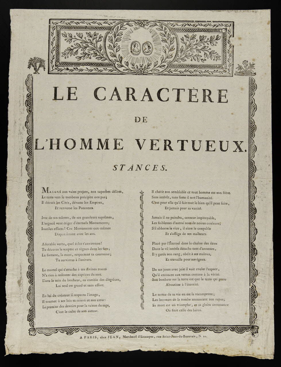 Jean imagerie ancienne LE CARACTÈRE  DE  L'HOMME VERTUEUX. Paris 1802-1846 1950.39.2460 Photo