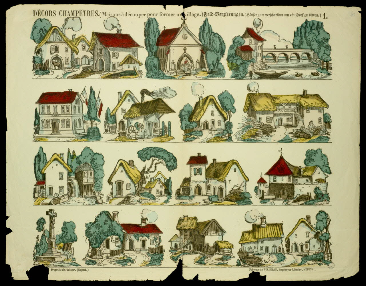 estampe DECORS CHAMPETRES. (Maisons à découper pour former un village.) 1950.39.2669 Photo