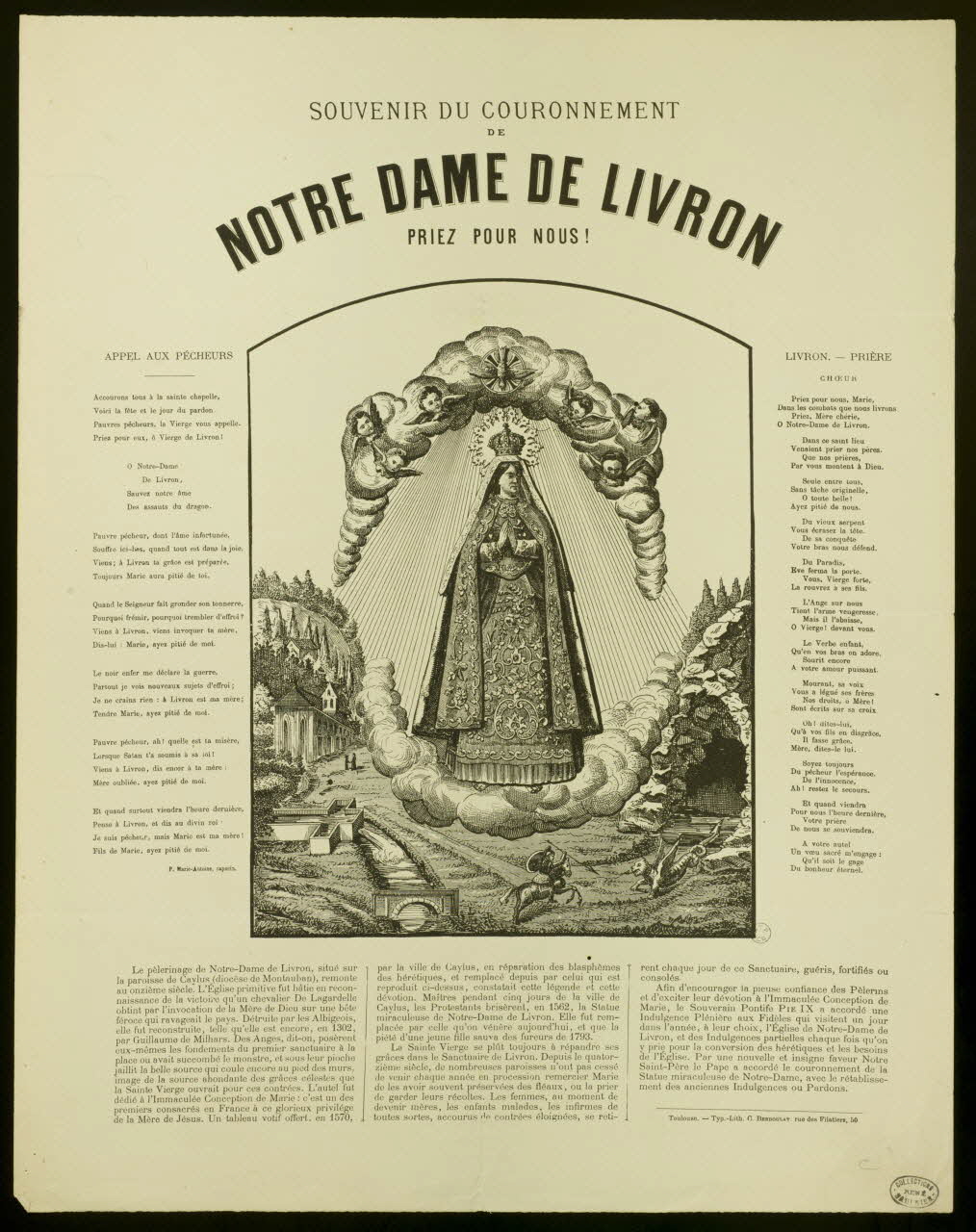 estampe SOUVENIR DU COURONNEMENT  DE  NOTRE DAME DE LIVRON  PRIEZ POUR NOUS! 1950.39.552 Photo