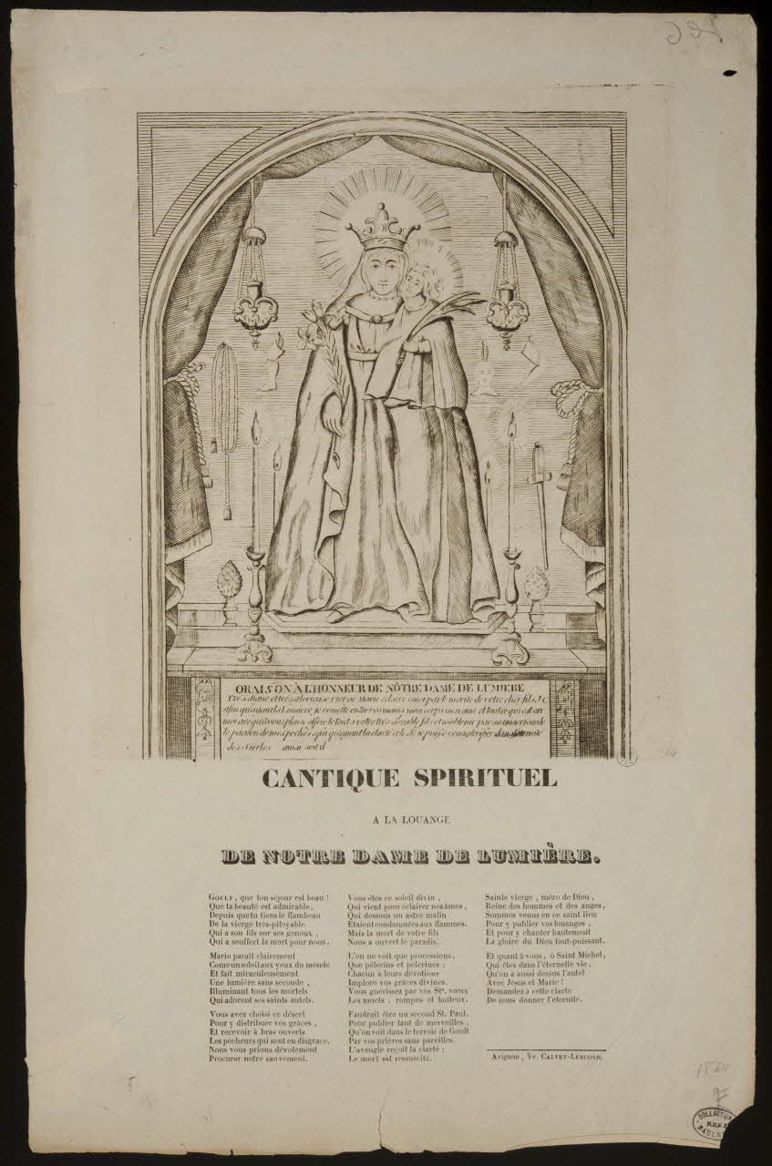 Calvet-Leblond estampe CANTIQUE SPIRITUEL  A LA LOUANGE  DE NOTRE DAME DE LUMIERE Provence-Alpes-Côte d'Azur, France 1840 1950.39.556 Photo