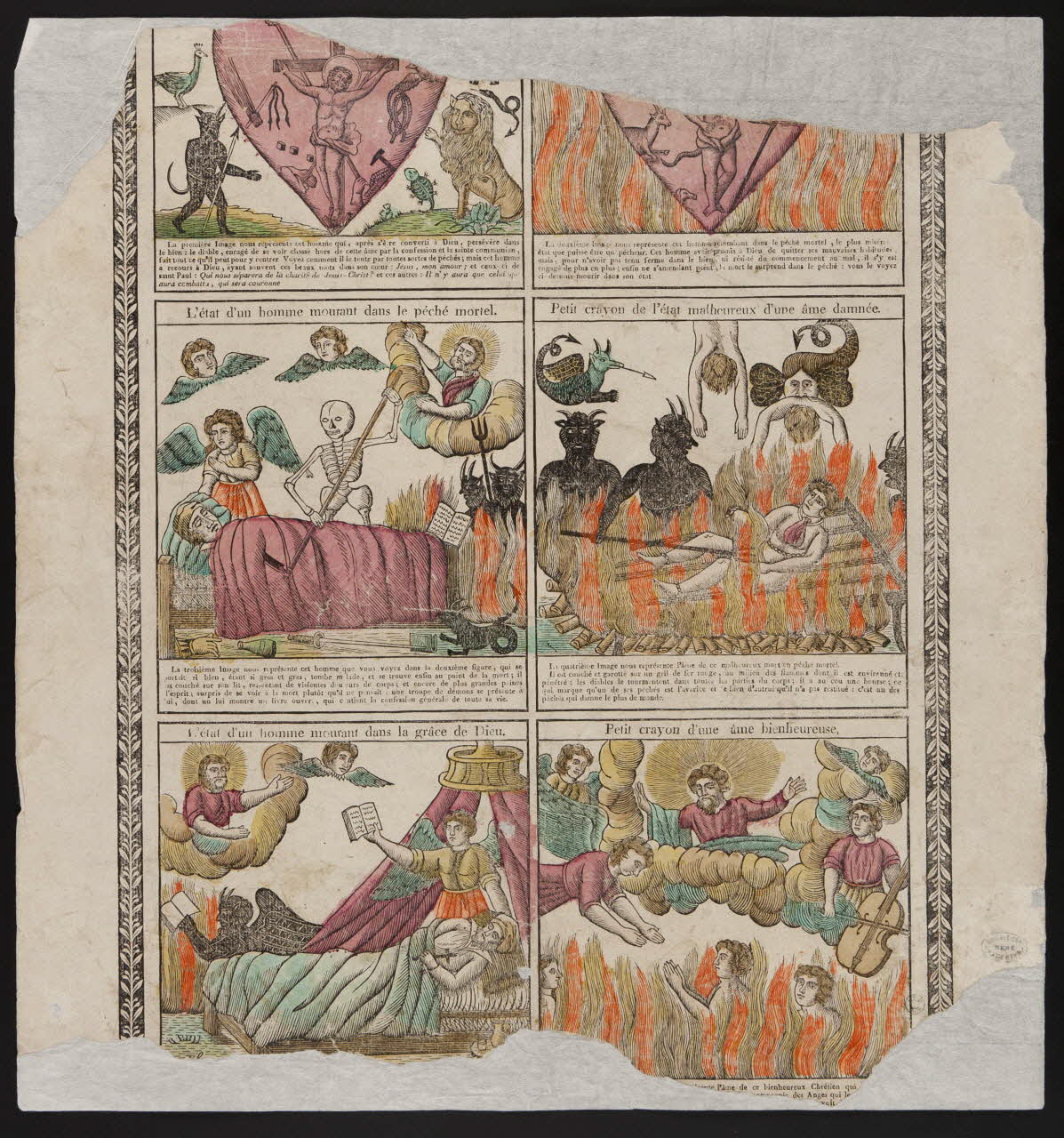 estampe L'état d'un homme mourant dans le péché mortel.  Petit crayon de l'état malheureux d'une âme damnée.  L'état d'un homme mourant dans la grâce de Dieu.  Petit crayon d'une âme bienheureuse. 1950.39.681 Photo