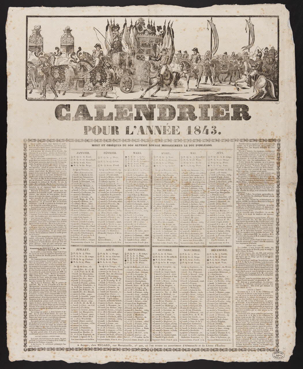 Numa de Lalu ; Mégard Jean-Baptiste-Pierre-Sébastien imagerie ancienne CALENDRIER  POUR L'ANNEE 1843. Rouen 1842 1950.39.781 Photo