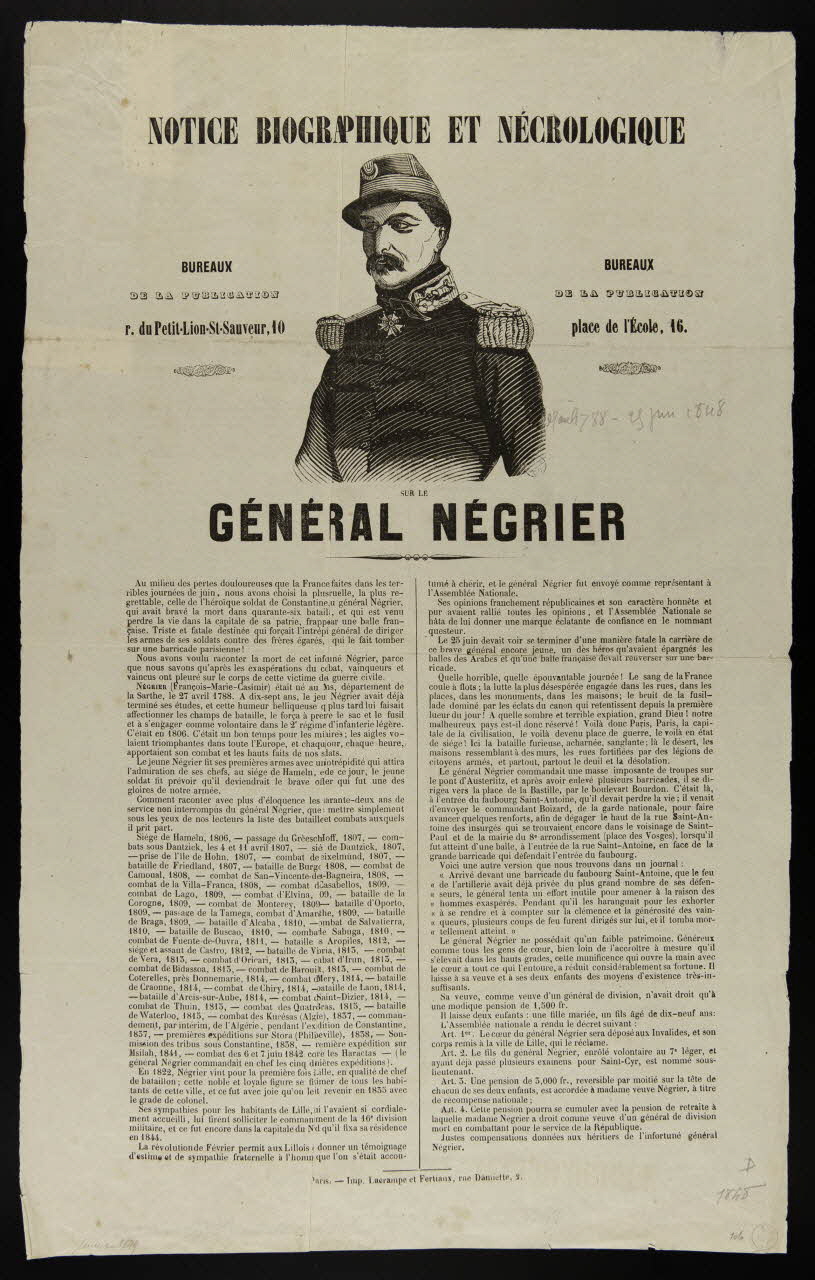estampe NOTICE BIOGRAPHIQUE ET NECROLOGIQUE  SUR LE  GENERAL NEGRIER 1950.39.802 Photo