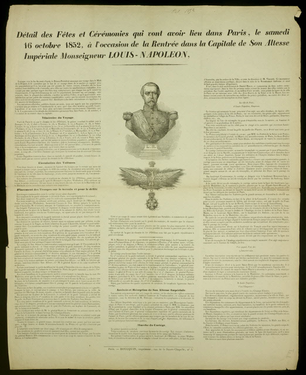 estampe Détail des Fêtes et Cérémonies qui vont avoir lieu dans Paris, le samedi  16 octobre 1852, à l'occasion de la Rentrée dans la Capitale de Son Altesse  Impériale Monsiegneur LOUIS-NAPOLEON, 1950.39.822 Photo