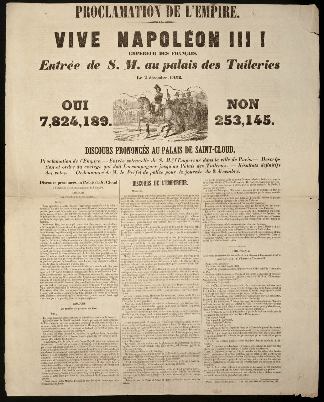 estampe PROCLAMATION DE L'EMPIRE.  Entrée de S. M. au palais des Tuileries  DISCOURS PRONONCES AU PALAIS DE SAINT-CLOUD, Ile-de-France, France 1852 1950.39.832 Photo
