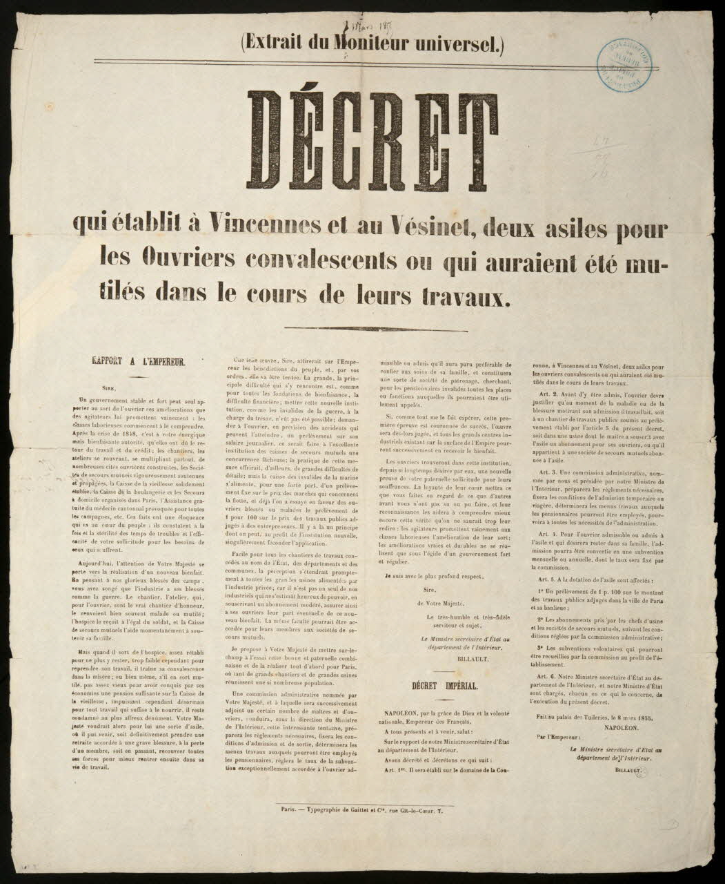 estampe DECRET  qui établit à Vincennes et au Vésinet, deux asiles pour  les Ouvriers convalescents ou qui auraient été mu-  tilés dans le cours de leurs travaux. 1950.39.861 Photo