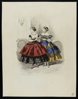 estampe Planche de costumes : deux jeunes filles en robe de bal Second Empire aux motifs carreaux et trèfles 1950.9.408 Photo