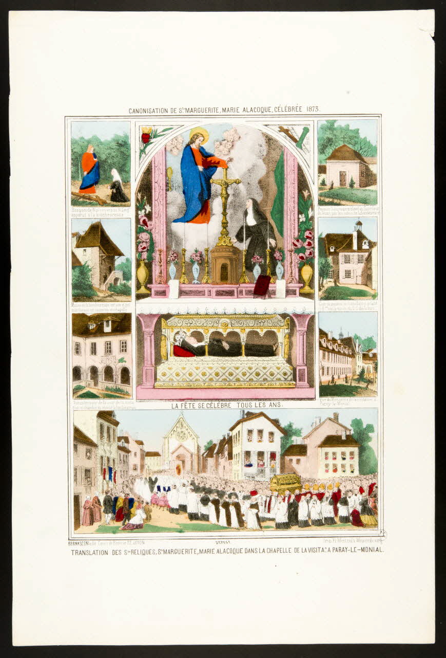 estampe CANONISATION DE Ste MARGUERITE, MARIE ALACOQUE, CELEBREE 1873.  TRANSLATION DES Stes RELIQUES, Ste MARGUERITE MARIE ALACOQUE DANS LA CHAPELLE DE LA VISITAn A PARAY-LE-MONIAL. 1951.16.100 Photo