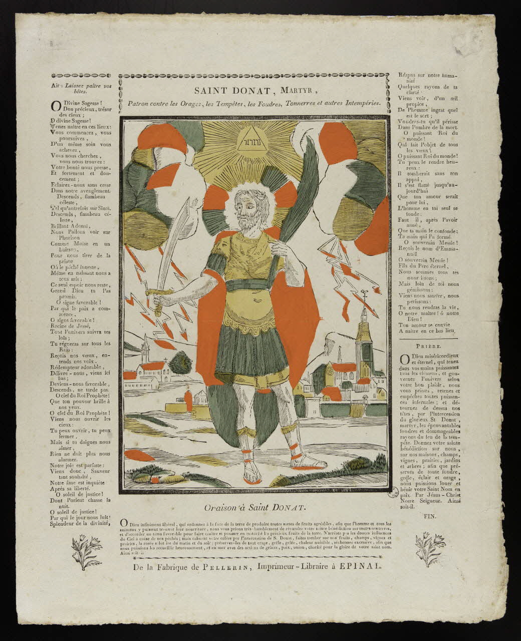 Pellerin imagerie ancienne SAINT DONAT, MARTYR,  Patron contre les Orages, les Tempêtes, les Foudres, Tonnerres et autres Intempéries. Lorraine, France 1837 1951.16.12 Photo