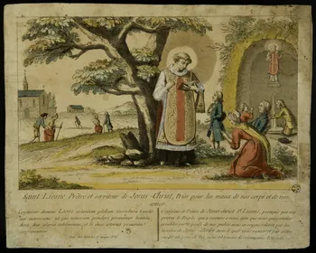 estampe Saint Liesne Prêtre et serviteur de Jesus-Christ, Priès pour les maux de nos corps et de nos  ames. 1951.16.203 Photo