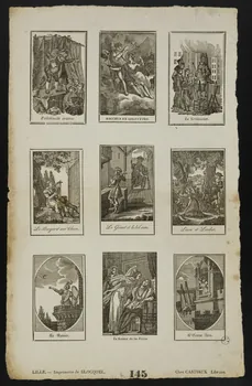 Henri Désiré Porret ; Jean-Baptiste Castiaux ; Simon-François Blocquel imagerie ancienne Polichinelle orateur.  BACCHUS EN GOGUETTES  Le Grimacier.  Le Berger et son Chien.  Le Géant et le bel ami.  Lison et Lindor.  Le Ramier.  Le baiser de la Reine  L'Oiseau Bleu. Lille 1820-1837 1951.16.43 Photo