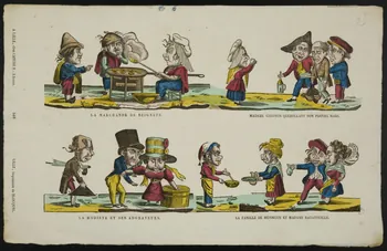 Jean-Baptiste Castiaux ; Simon-François Blocquel imagerie ancienne LA MARCHANDE DE BEIGNETS.  MADAME GIGOTON QUERELLANT SON PAUVRE MARI.  LA MODISTE ET SES ADORATEURS.  LA FAMILLE DE MONSIEUR ET MADAME RATATOUILLE. Lille 1809-1837 1951.16.44 Photo