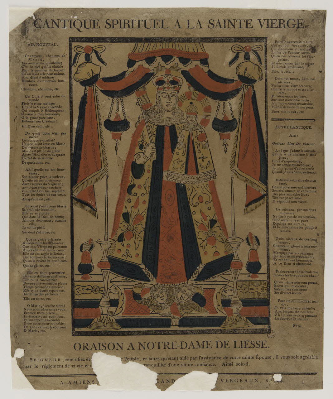 imagerie ancienne CANTIQUE SPIRITUEL A LA SAINTE VIERGE.  ORAISON A NOTRE-DAME DE LIESSE. 1951.65.323 Photo