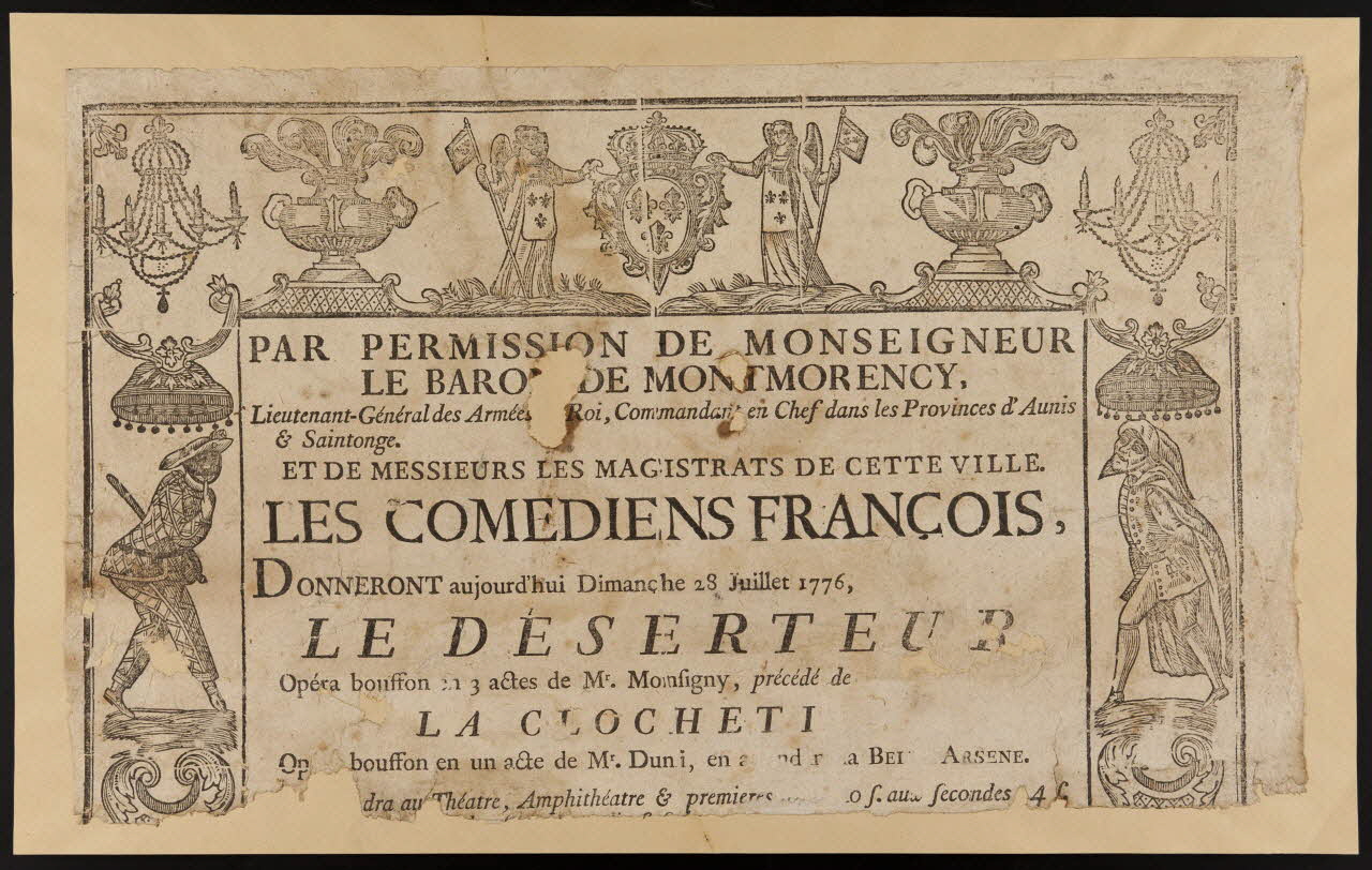 affiche LES COMEDIENS FRANCOIS,  Donneront aujourd'hui Dimanche 28 Juillet 1776,  LE DESERTEUR 1951.79.2 Photo