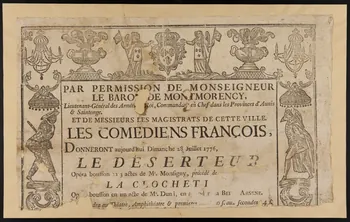 affiche LES COMEDIENS FRANCOIS,  Donneront aujourd'hui Dimanche 28 Juillet 1776,  LE DESERTEUR 1951.79.2 Photo
