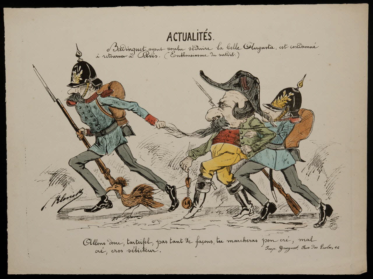 estampe ACTUALITES.  Badinguet ayant voulu séduire la belle Augusta, est condamné  à retourner à Paris. (Enthousiasme du susdit.) 1951.79.47 Photo