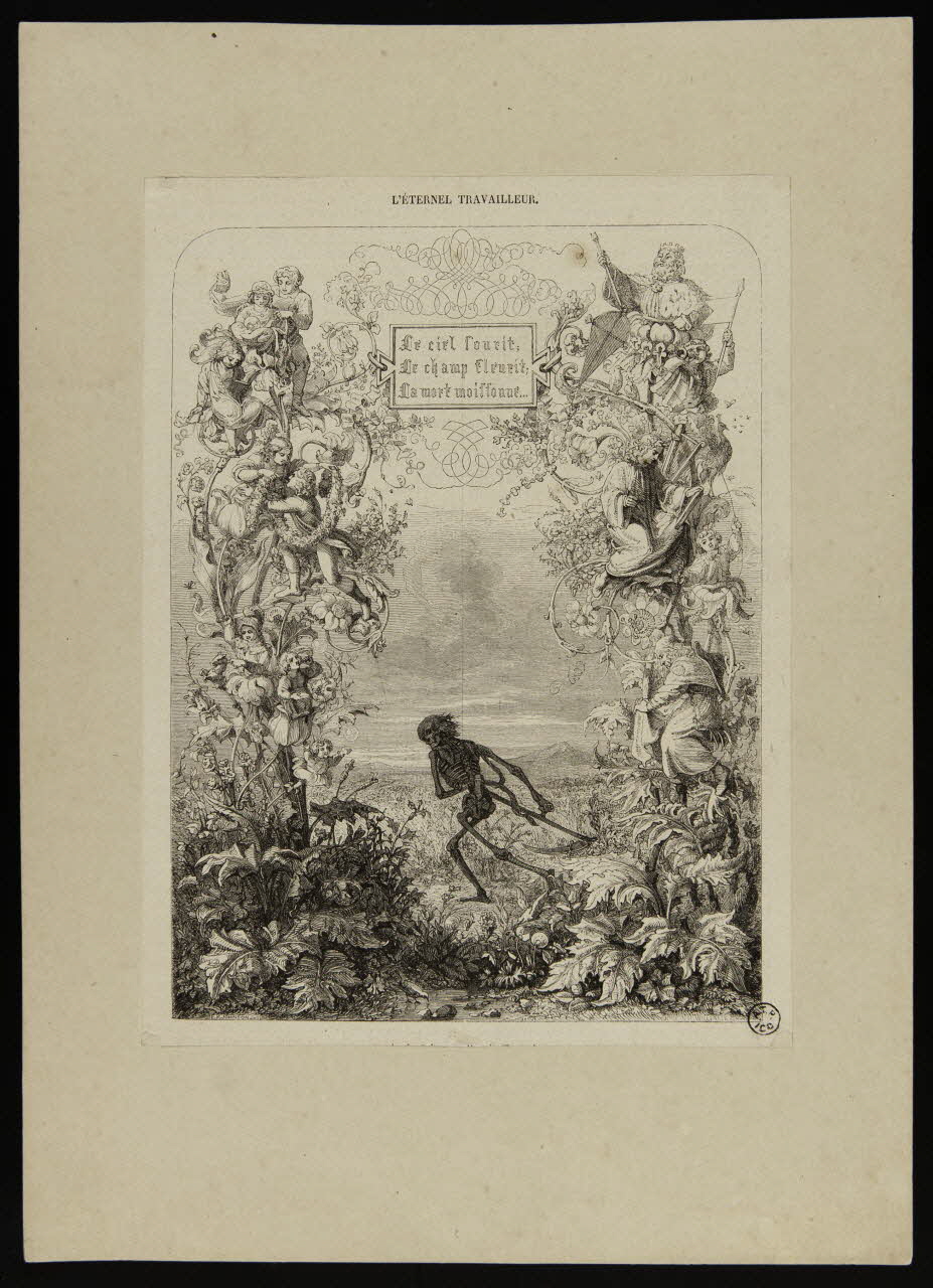 estampe L'ETERNEL TRAVAILLEUR.  Le ciel sourit,  Le champ fleurit,  La mort moissonne... 1952.120.3 Photo