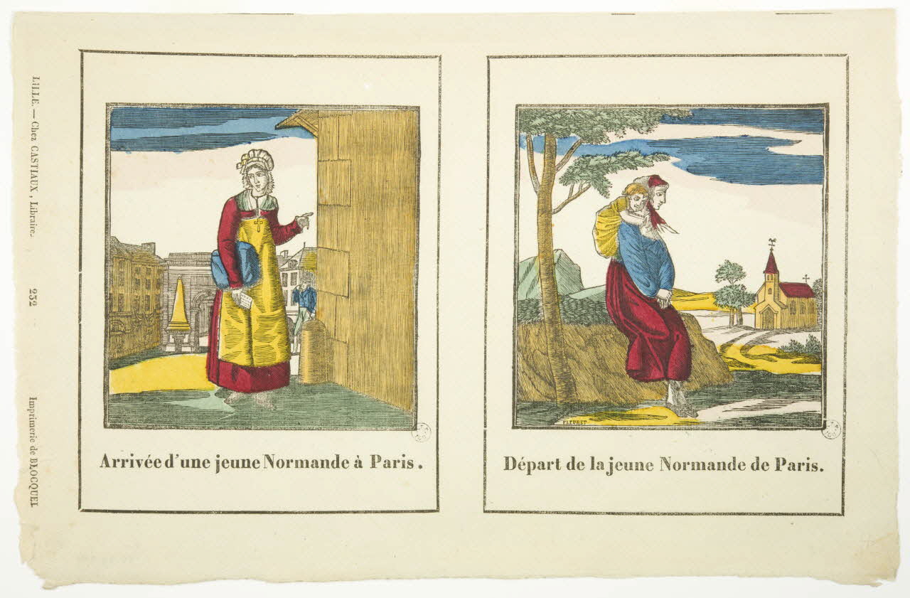 Fleuret ; Jean-Baptiste Castiaux ; Simon-François Blocquel imagerie ancienne Arrivée d'une jeune Normande à Paris.  Départ de la jeune Normande de Paris. Lille 1828-1837 1952.39.251 Photo