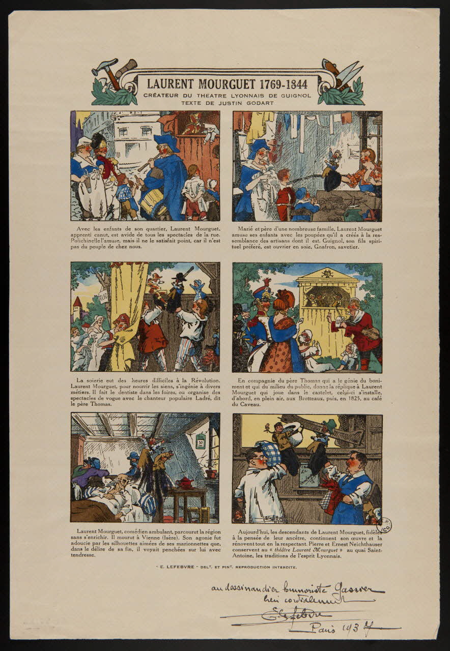 estampe LAURENT MOURGUET 1769-1844  CREATEUR DU THEATRE LYONNAIS DE GUIGNOL  TEXTE DE JUSTIN GODART 1952.55.23 Photo