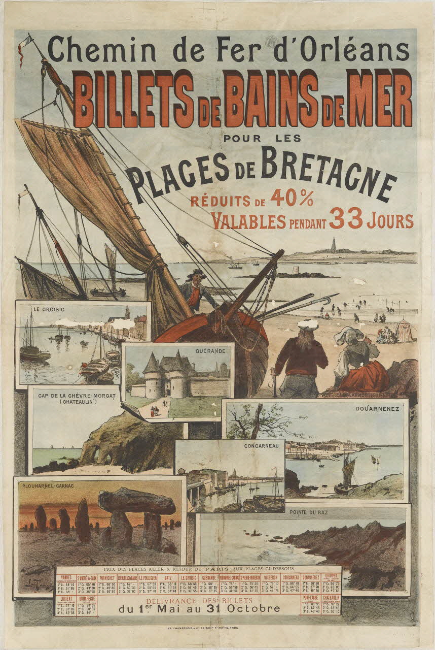 affiche Chemin de Fer d'Orléans  BILLETS DE BAINS DE MER  POUR LES  PLAGES DE BRETAGNE  RÉDUITS DE 40%  VALABLES PENDANT 33 JOURS 1961.18.56 Photo RMN-Grand Palais (Mucem)