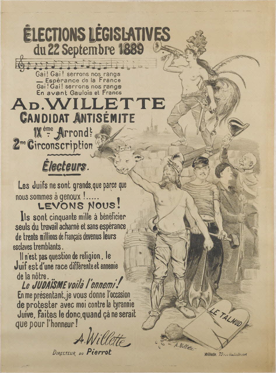 Willette Adolphe Léon affiche ÉLECTIONS LÉGISLATIVES  du 22 Septembre 1889. AD WILLETE candidat antisémite Paris 1889 1961.18.60 Photo RMN-Grand Palais (Mucem)