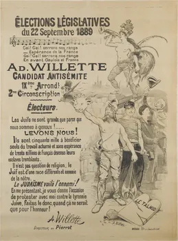 Willette Adolphe Léon affiche ÉLECTIONS LÉGISLATIVES  du 22 Septembre 1889. AD WILLETE candidat antisémite Paris 1889 1961.18.60 Photo RMN-Grand Palais (Mucem)