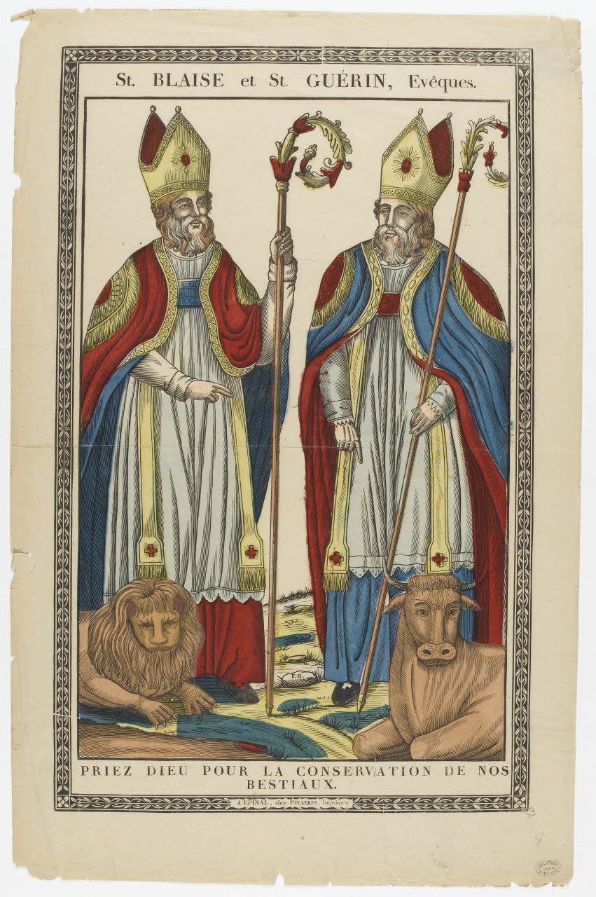 François Georgin ; Pellerin estampe St. BLAISE et St. GUERIN, Evêques. PRIEZ DIEU POUR LA CONSERVATION DE NOS BESTIAUX Lorraine, France 1837 1950.39.338 Photo RMN-Grand Palais (Mucem)