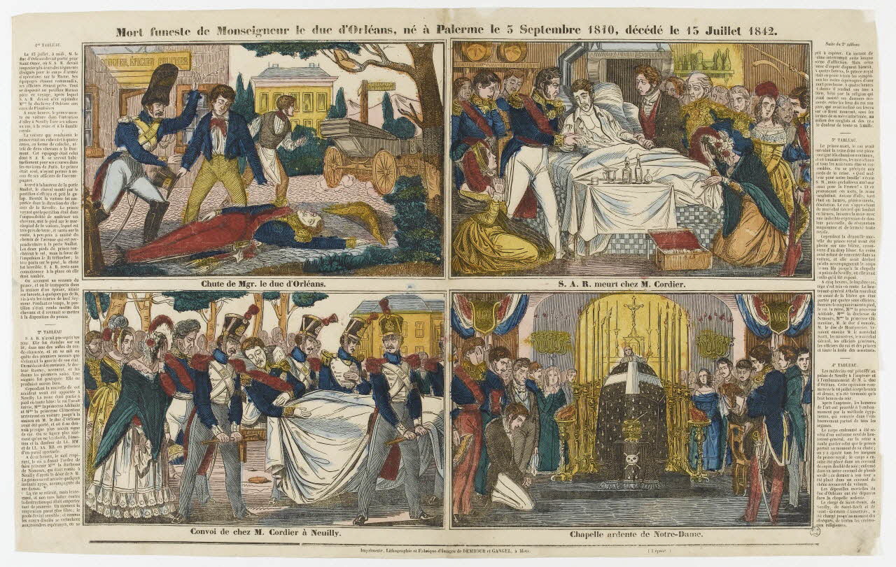 Wendling Jean ; Adrien N. Dembour ; Charles Nicolas Gangel suite de scènes (2x2) Mort funeste de Monseigneur le duc d'Orléans, né à Palerme le 5 Septembre 1810, décédé le 15 Juillet 1842. Metz 1840-1852 1965.75.657 Photo RMN-Grand Palais (Mucem)