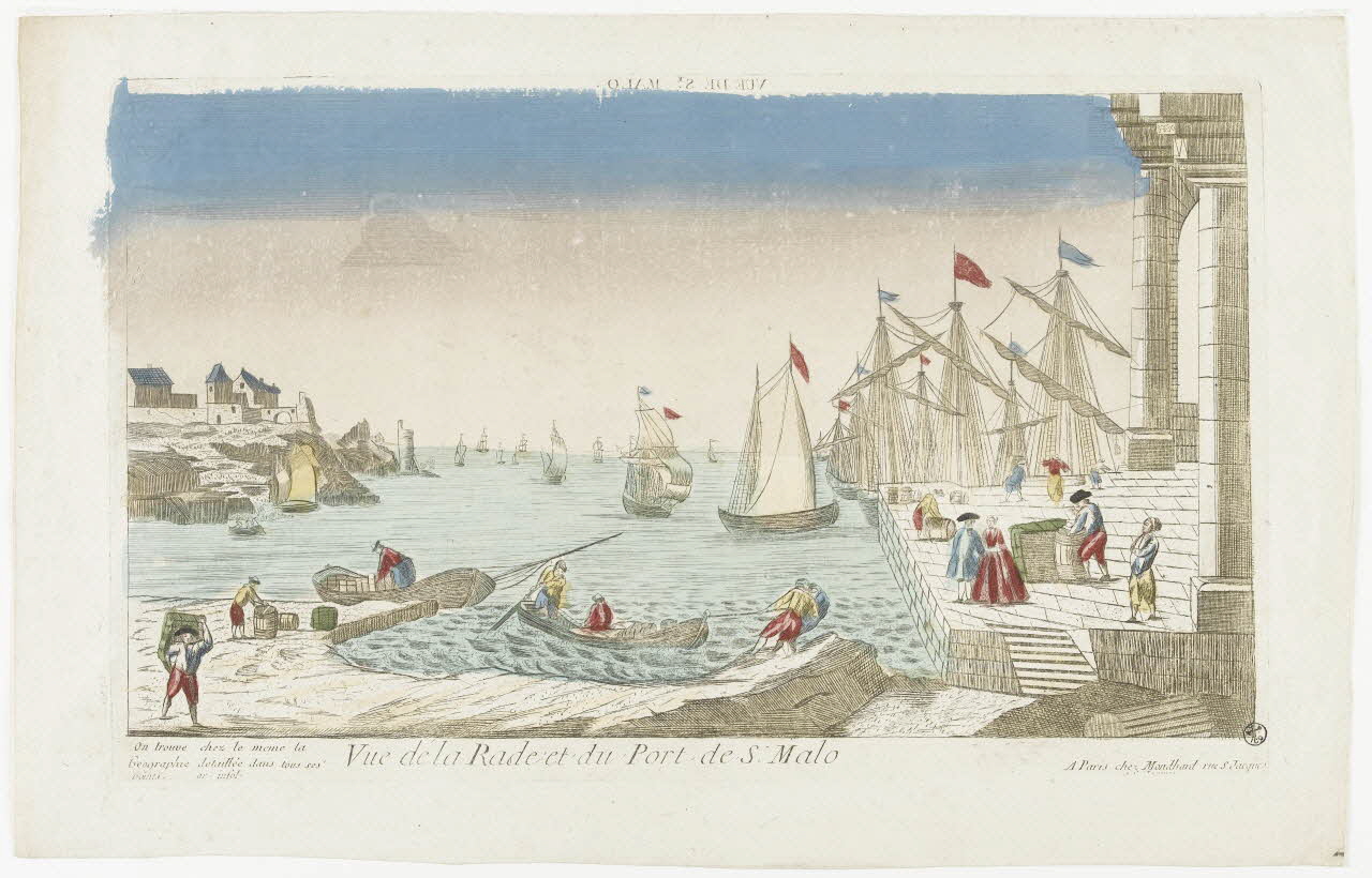 Mondhare Louis-Joseph imagerie ancienne VUE DE ST. MALO. (titre inscrit, en caractères inversés)  Vue de la Rade et du Port de St. Malo Paris 1759-1780 1943.16.193 Photo RMN-Grand Palais (Mucem)